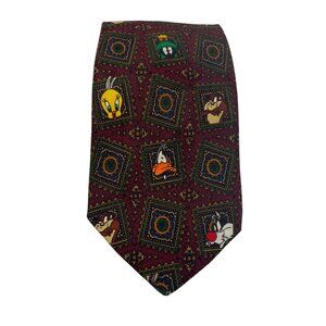 Vintage Looney Tunes Mania Nostalgia Martian Stamp Necktie Tie Mens 57" Red